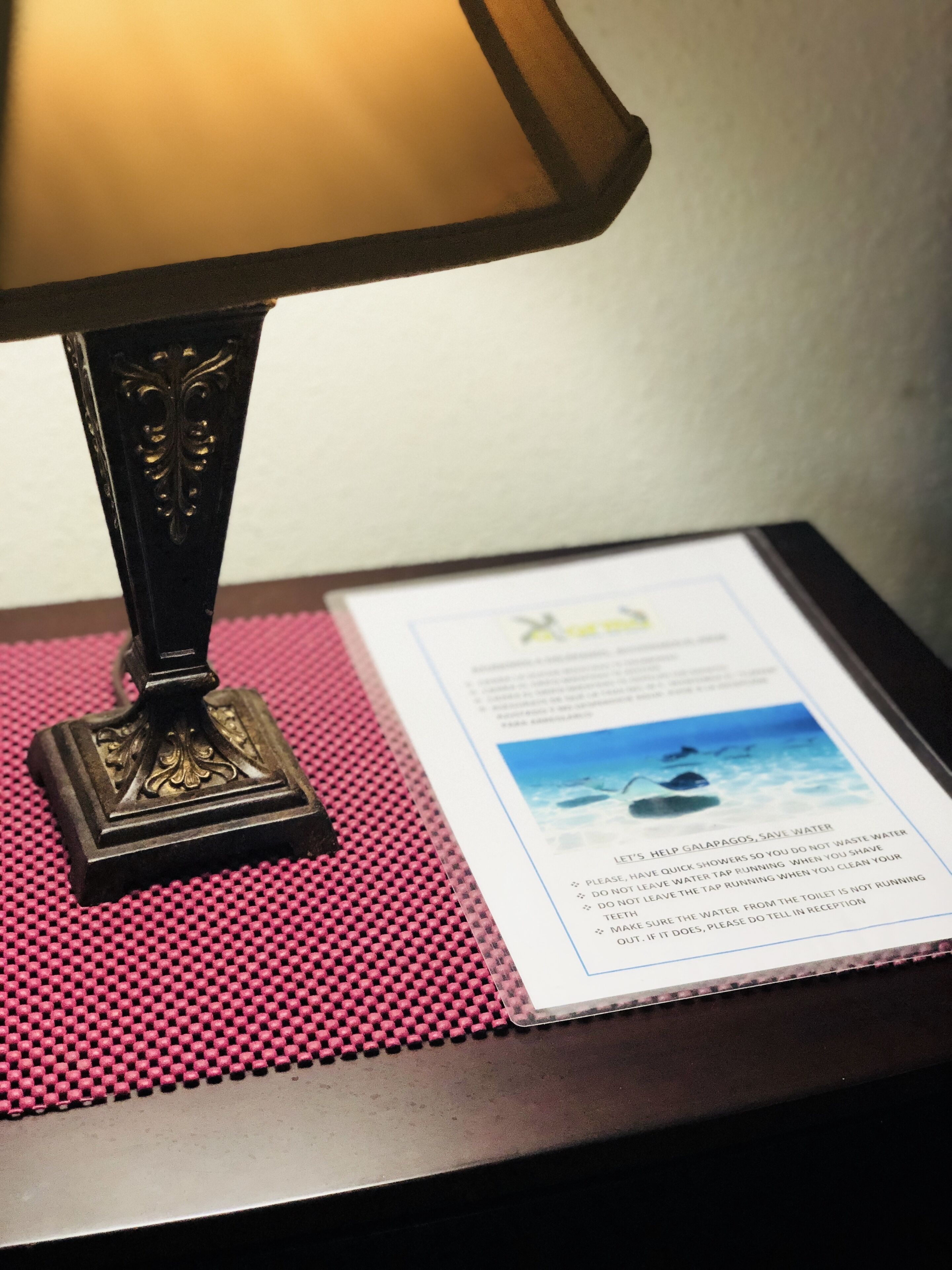 A table with a decorative lamp, a pink textured placemat, and a printed informational card.