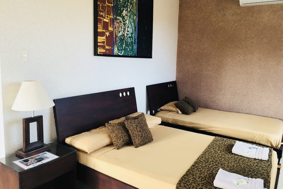 Une chambre d’hôtel avec deux lits, une table de chevet avec une lampe, un tableau au mur et un appareil de climatisation.