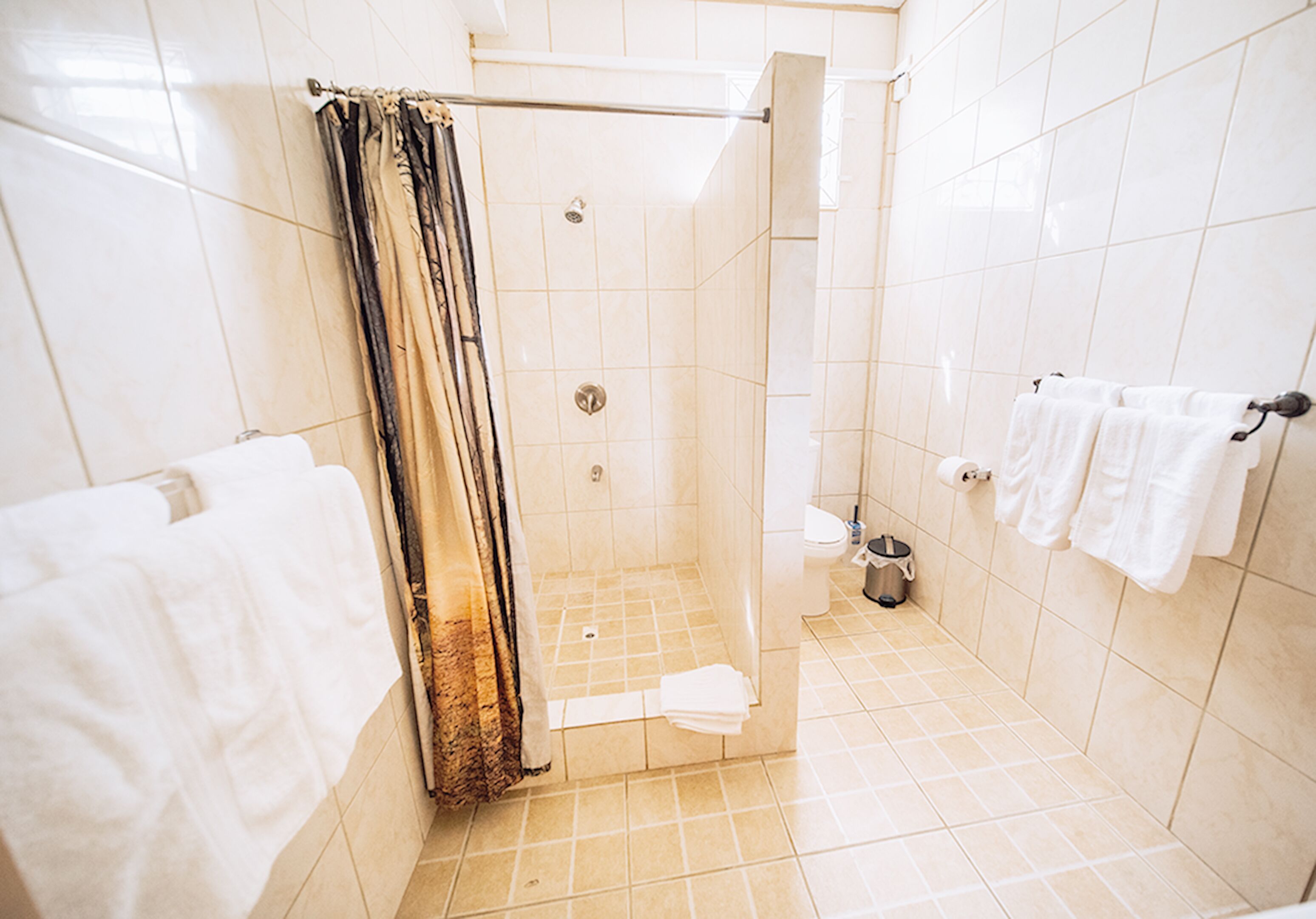 Een badkamer met een douche, toilet en handdoekrek.