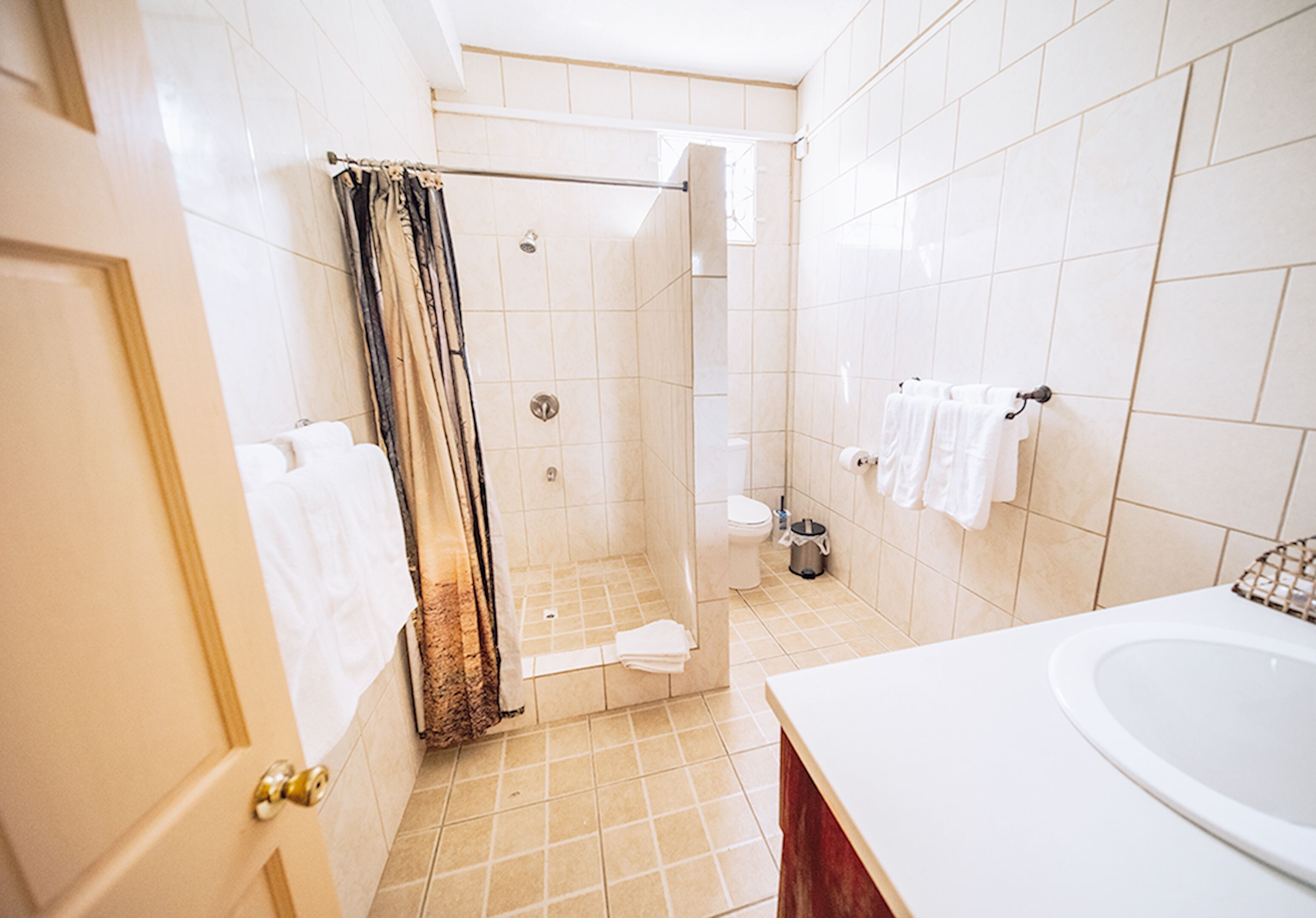 A bathroom with a shower, toilet, and sink.