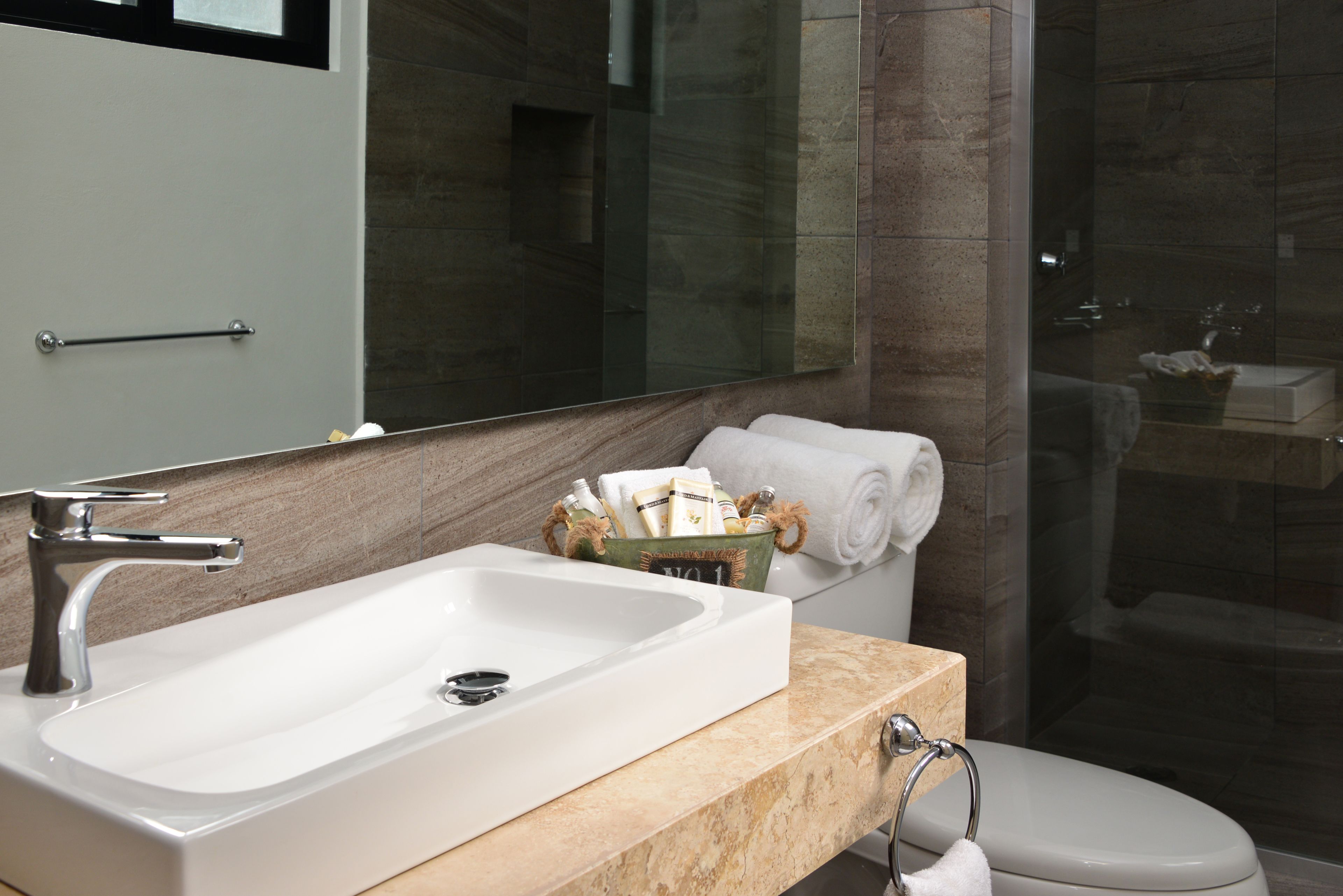 deluxe room | bathroom | shower, rainfall showerhead, designer toiletries, hair dryer