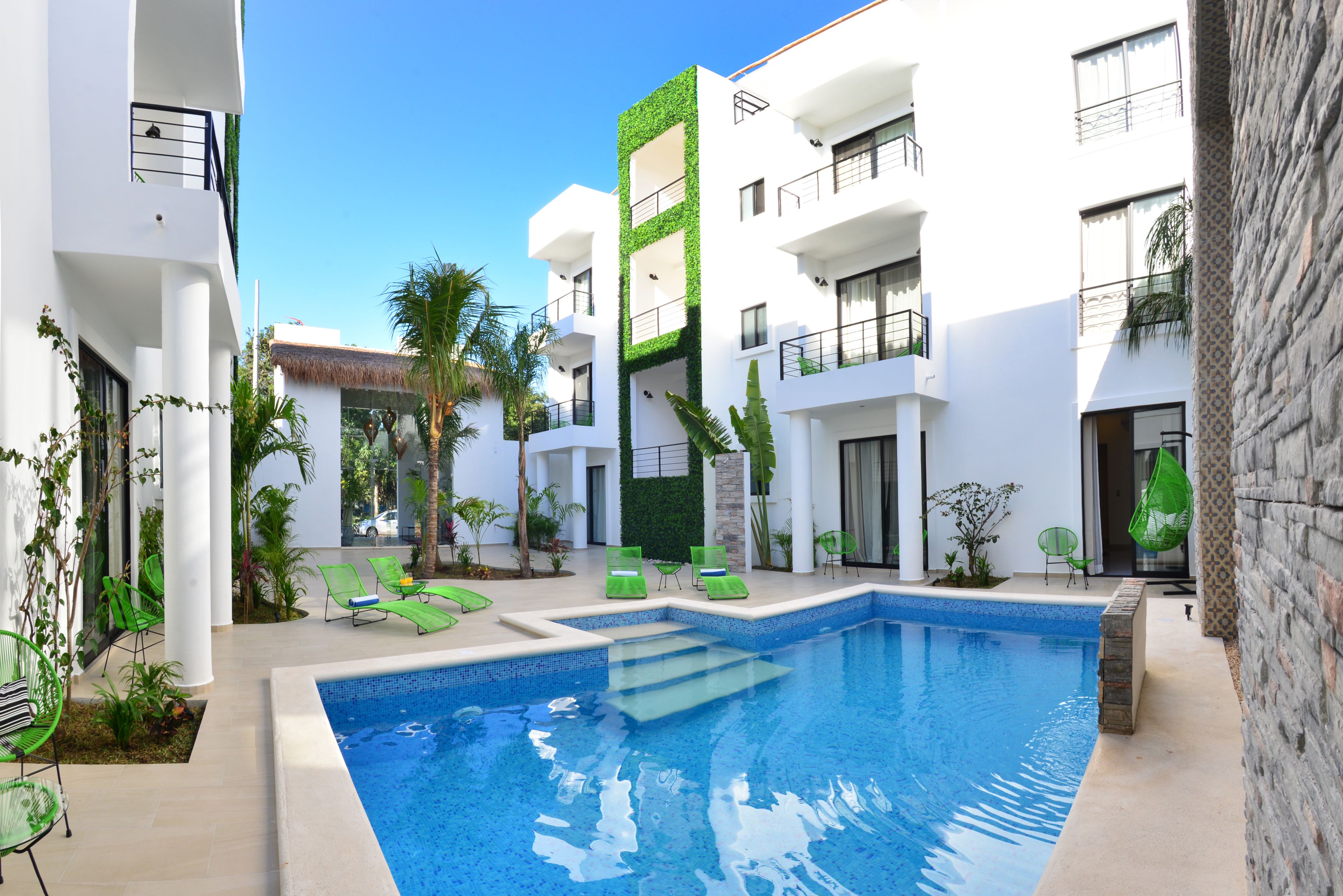 outdoor pool, pool loungers