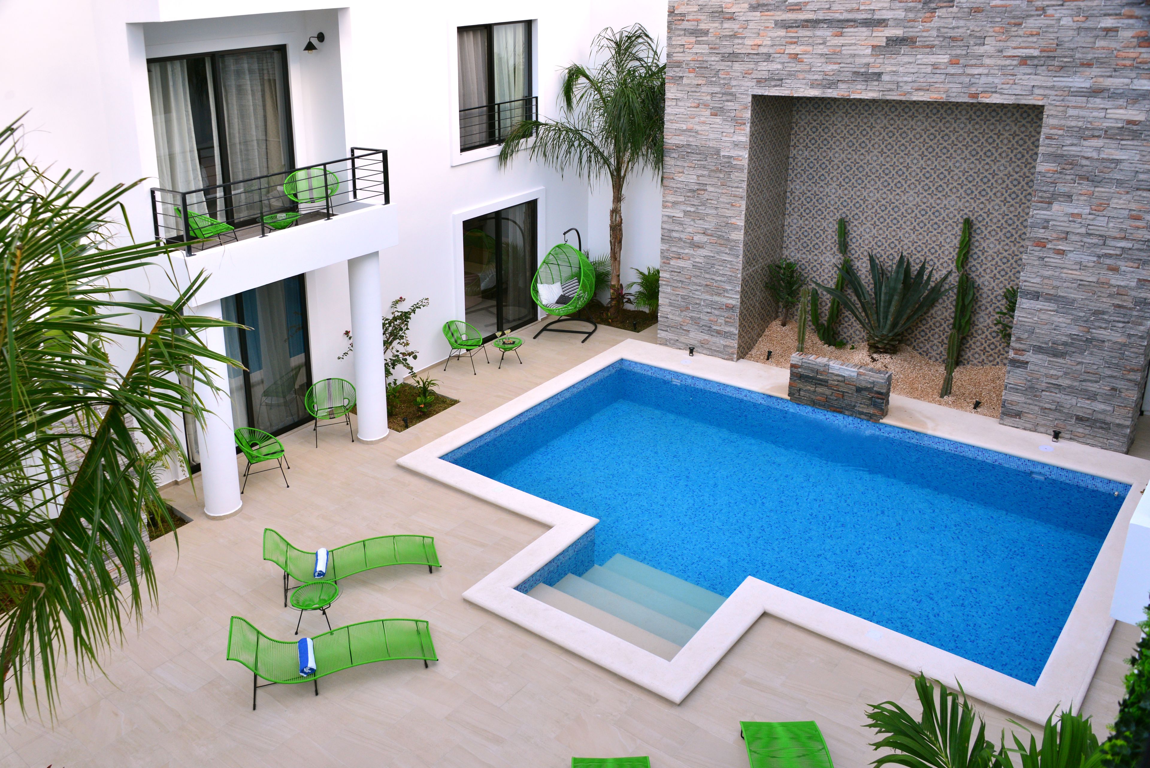 A modern outdoor pool area with a rectangular pool, green lounge chairs, and a palm tree.