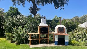 Een bakoven van baksteen, buitenom, met schoorsteen, omgeven door weelderige begroeiing en een heldere blauwe lucht.