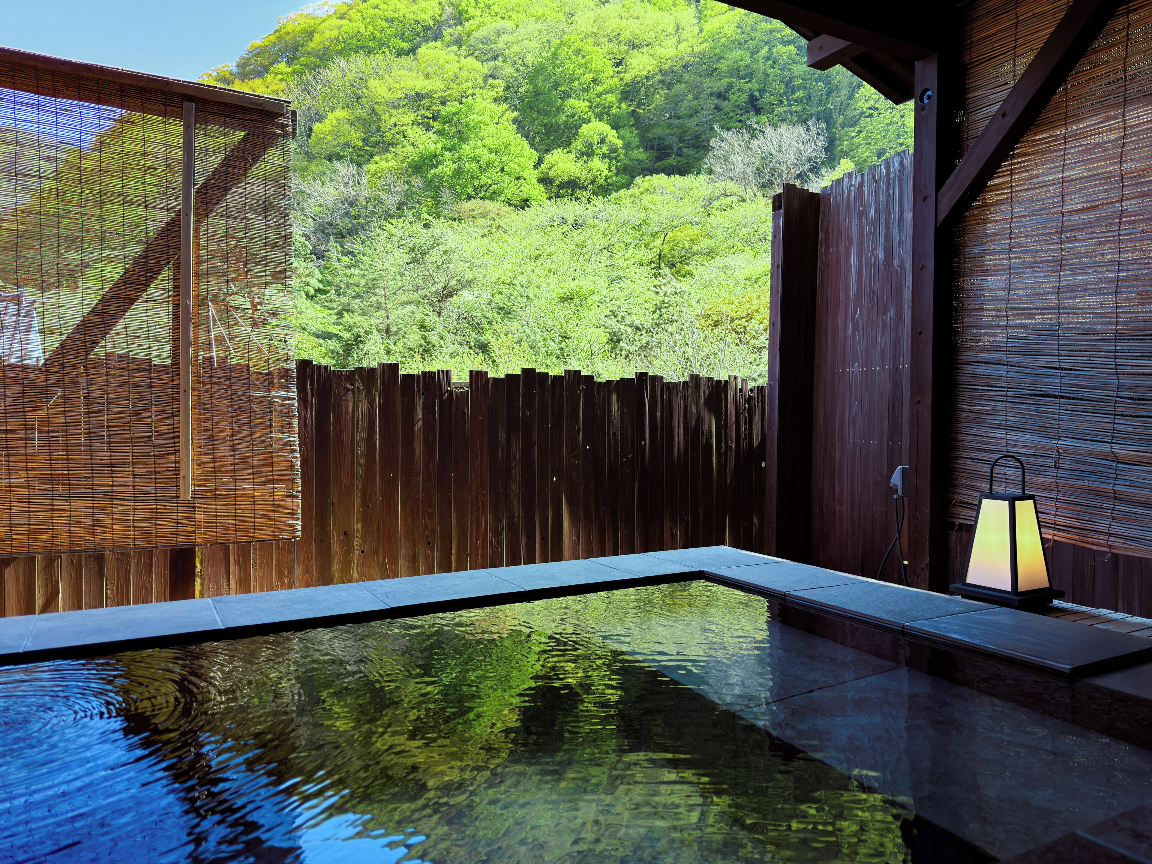 A clear pool with a wooden deck, surrounded by a wooden fence and lush greenery.