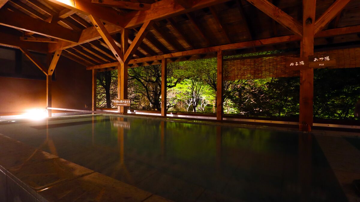 A wooden structure with a pool and a view of trees.
