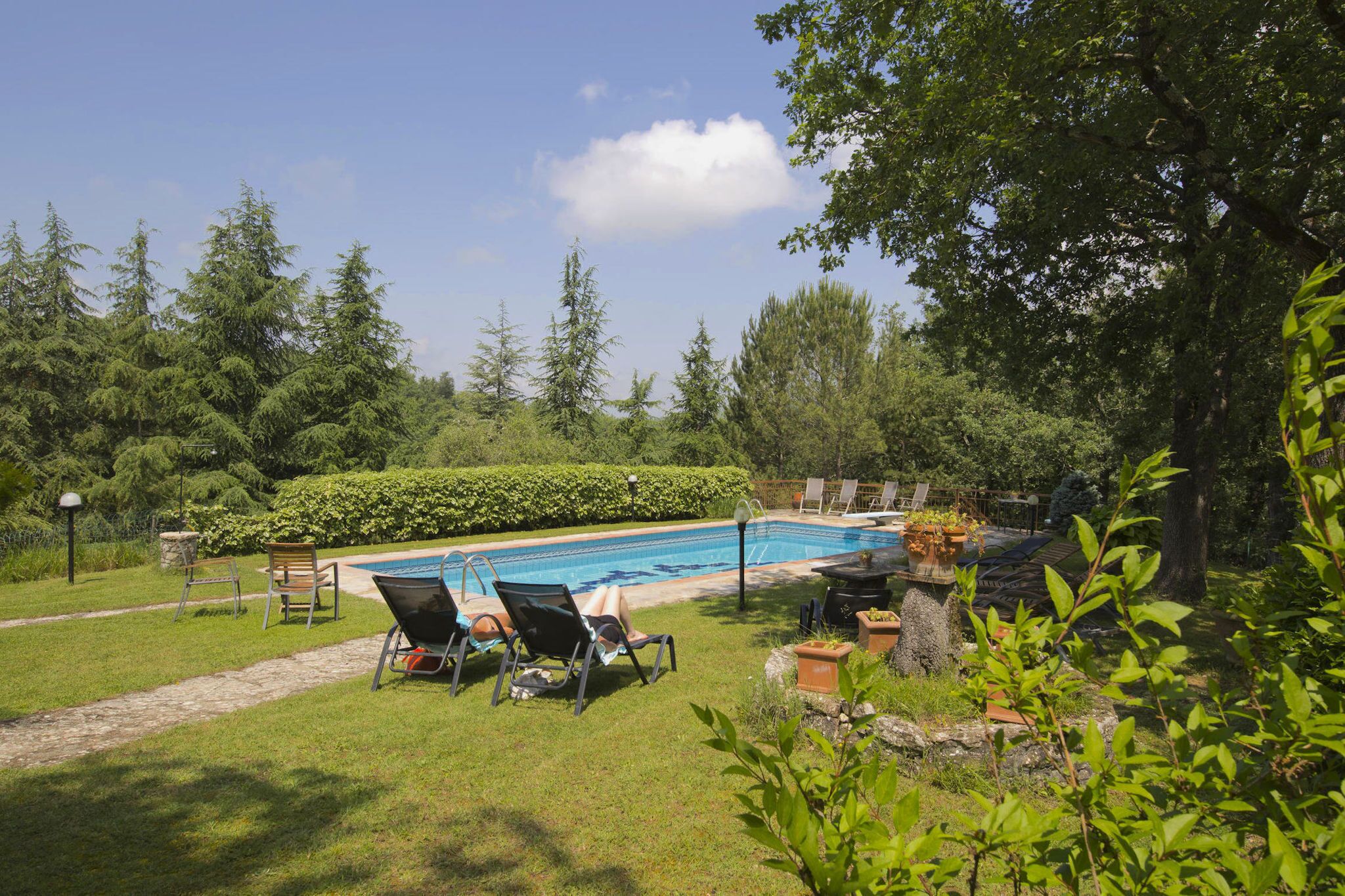 A swimming pool with lounge chairs and a garden area.