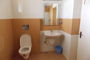 A small bathroom with a toilet, sink, mirror, and blue trash bin. - KSTDC Hotel Mayura Gerusoppa (Sagara)