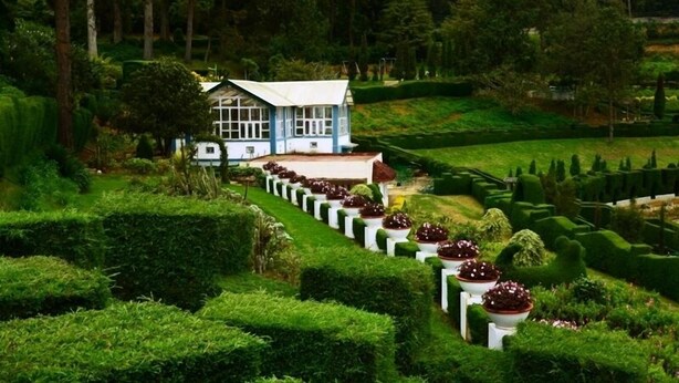 Una casa rodeada de setos cuidados y un jardín con macetas de flores ordenadas.