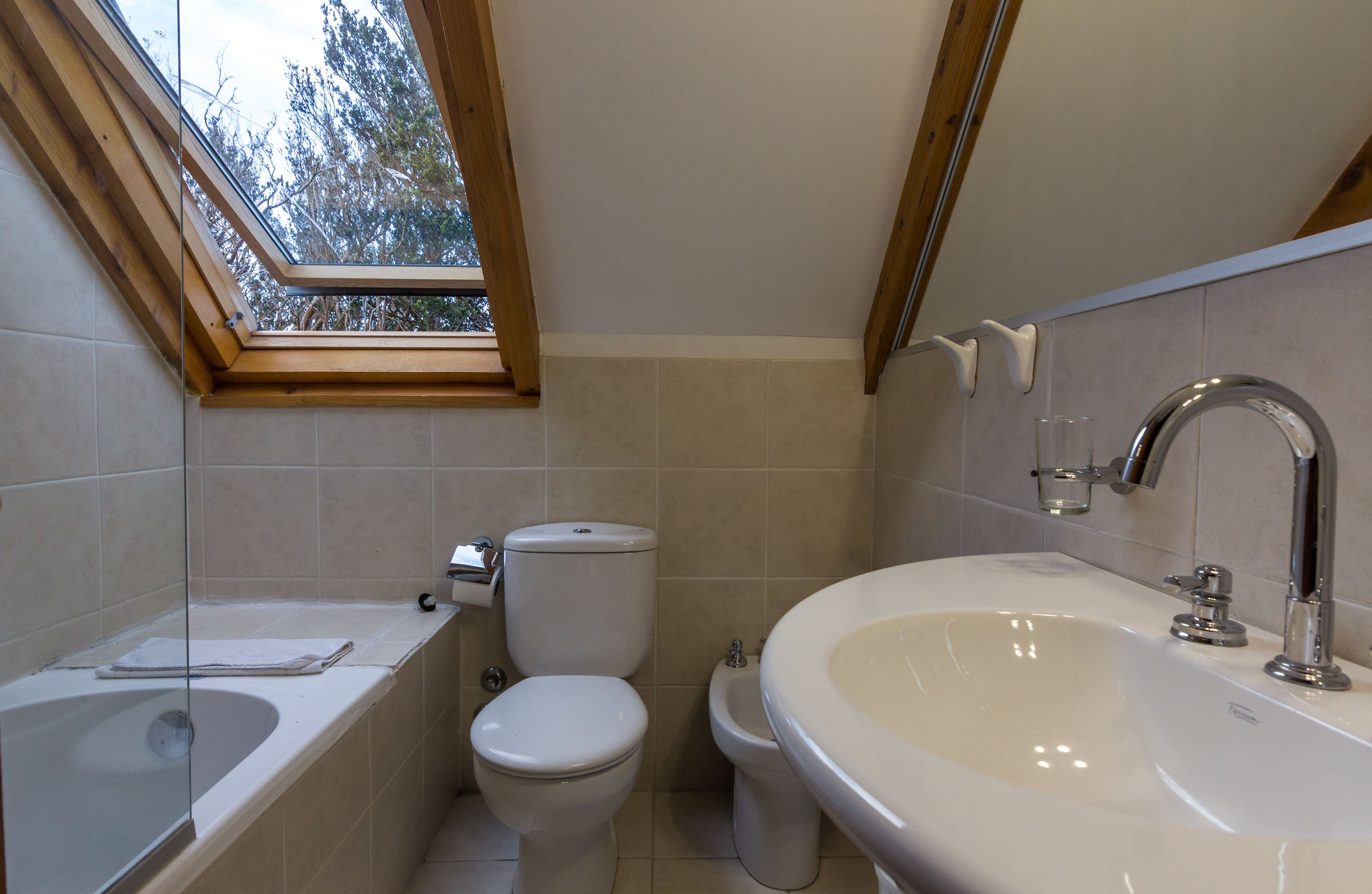Une salle de bain avec un puits de lumière, une baignoire, des toilettes et un lavabo.