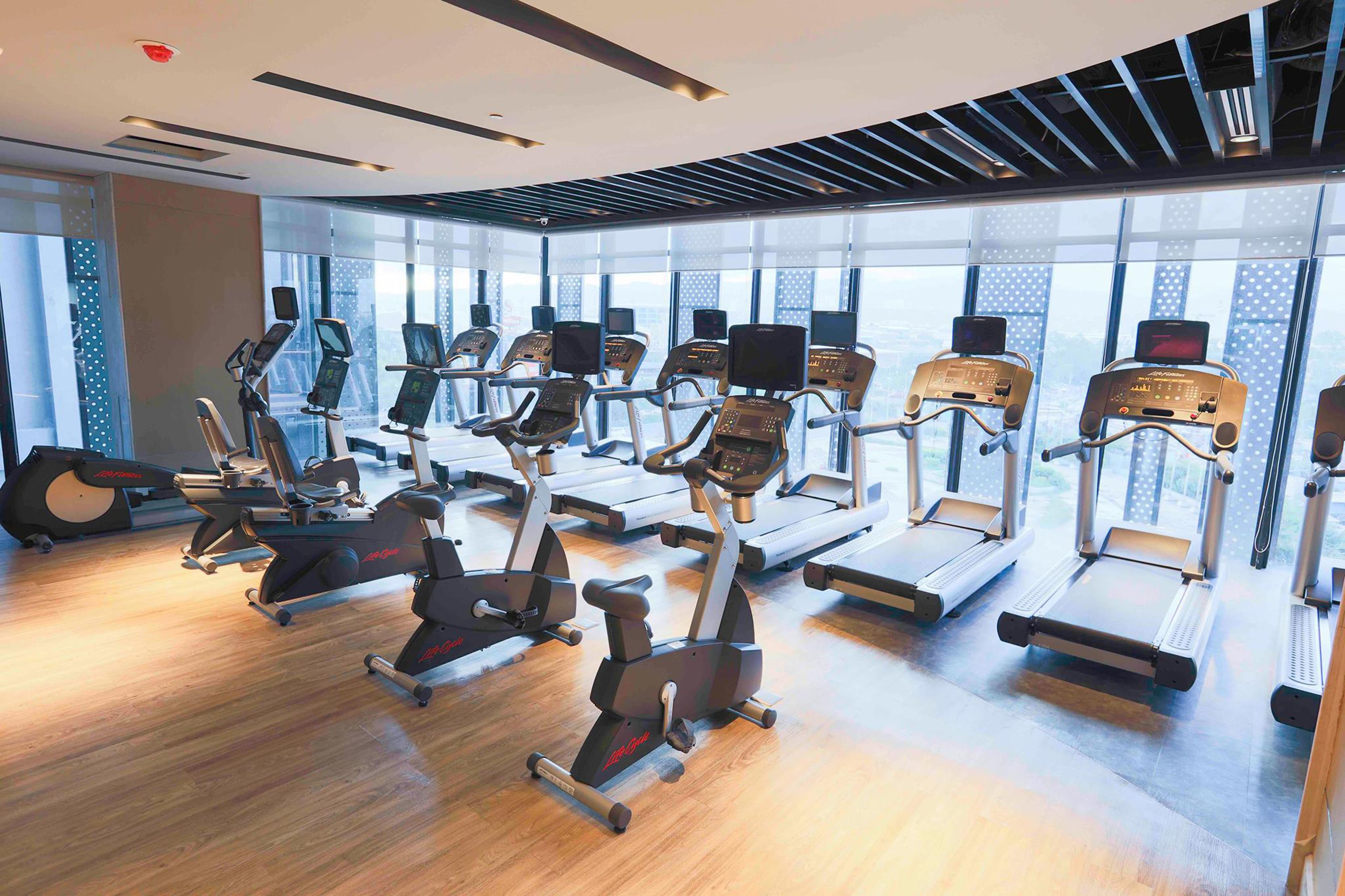 Un gimnasio con diversas máquinas de cardio, amplias ventanas y un diseño moderno.