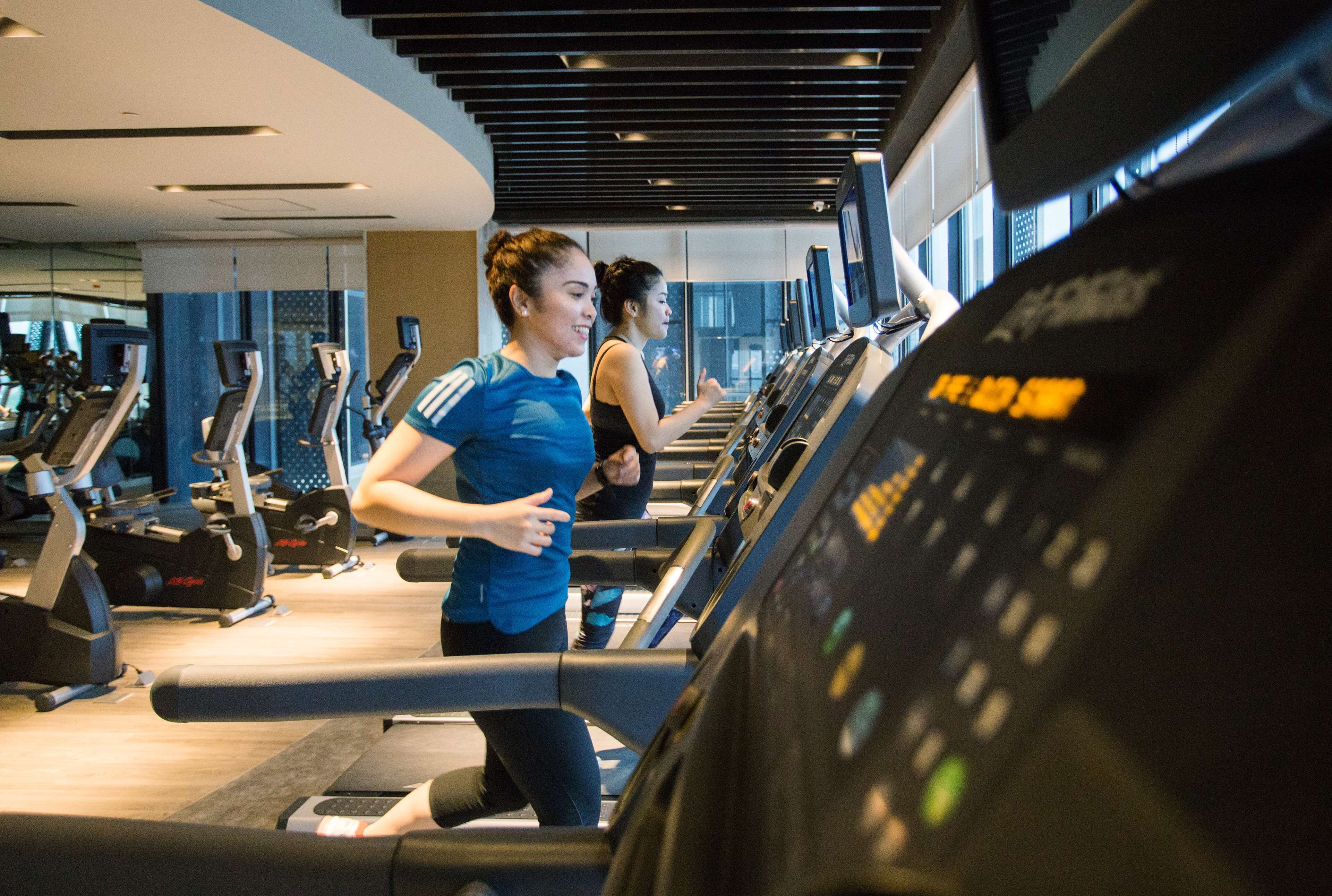 A gym with treadmills, exercise equipment, and a modern interior design.
