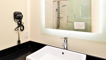 Shower, free toiletries, hair dryer, towels