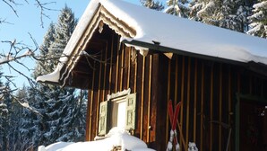 A wooden cabin with a snow-covered roof and a window with green shutters.