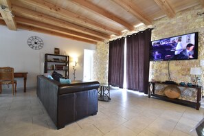 TV, DVD player, foosball, stereo