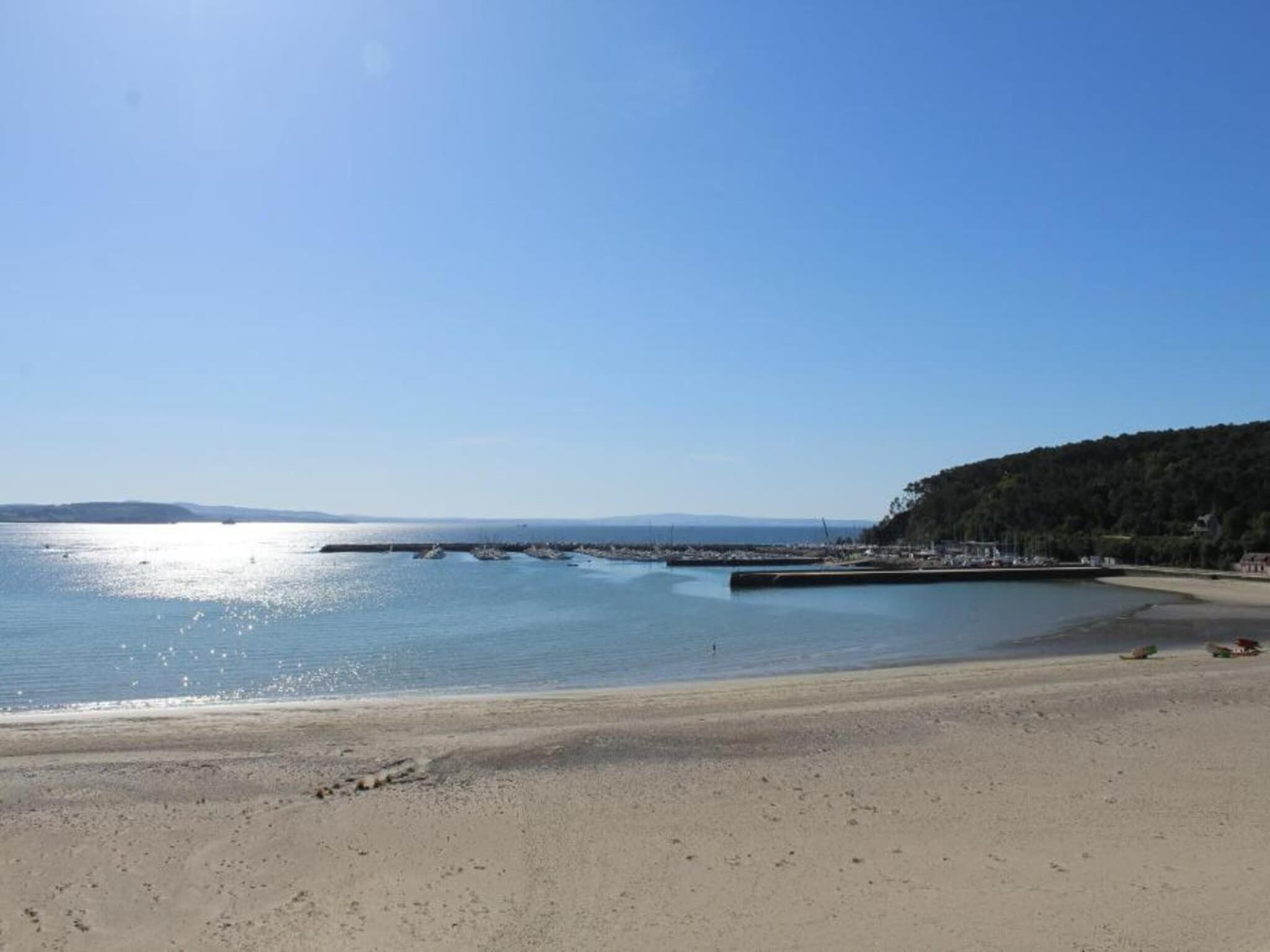 Una playa con cielo despejado, agua tranquila y un área boscosa al fondo.