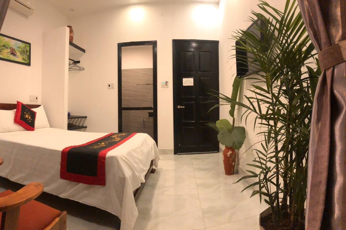 Una habitación de hotel con una cama, un escritorio, una silla, una planta en maceta y una puerta.