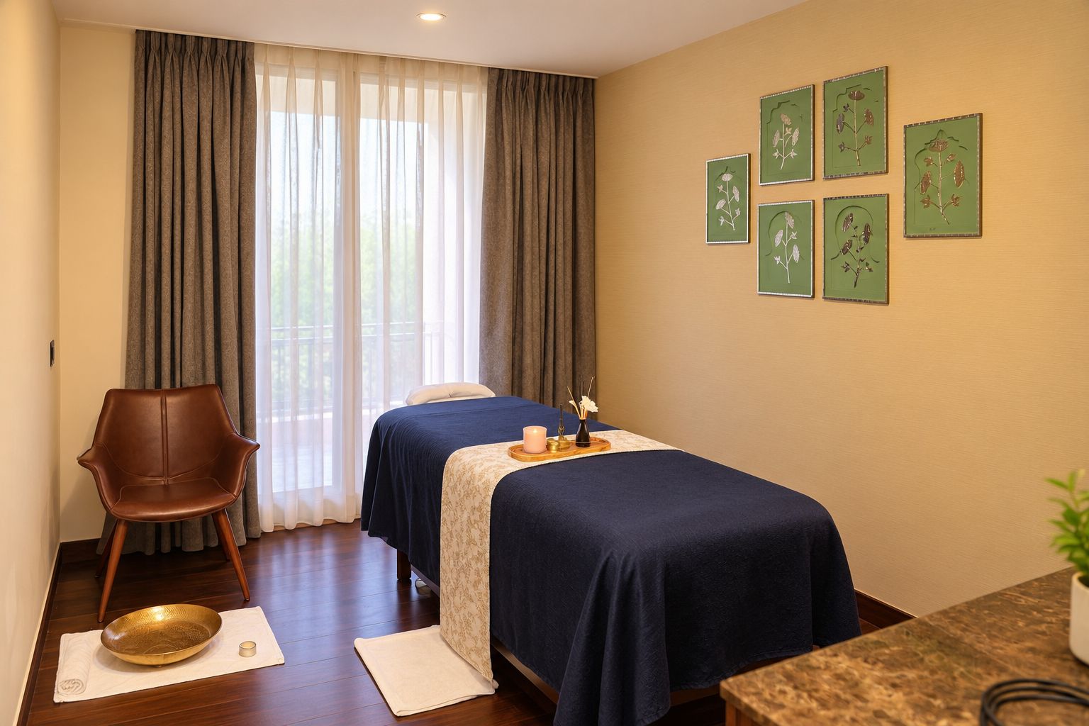 Una habitación con cama, una silla, una mesita y una pared decorada con ilustraciones botánicas.