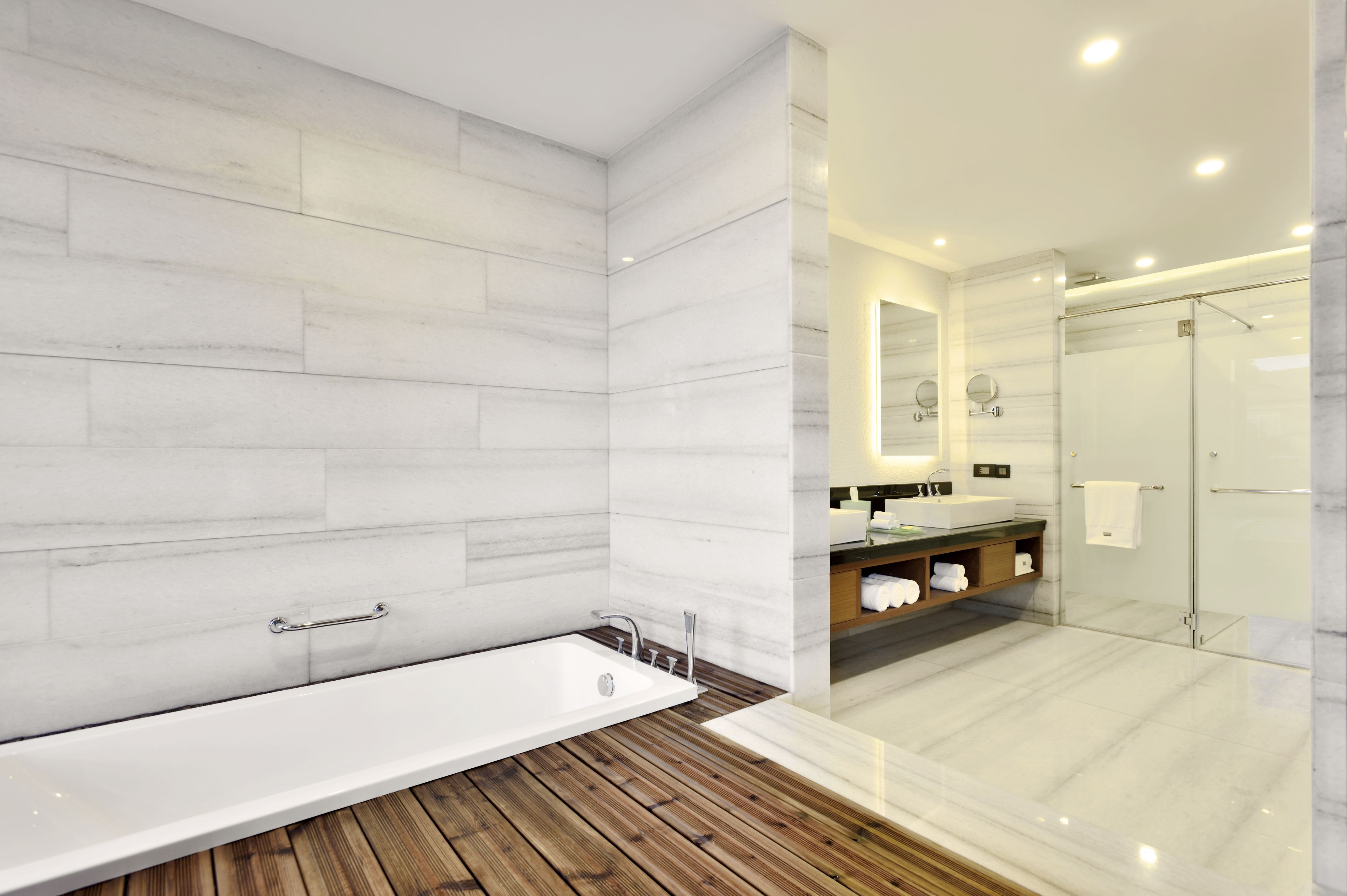 Separate tub and shower, free toiletries, hair dryer, bathrobes