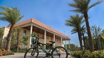 A bicycle parked in front of a building with a red roof and columns, surrounded by palm trees and plants.