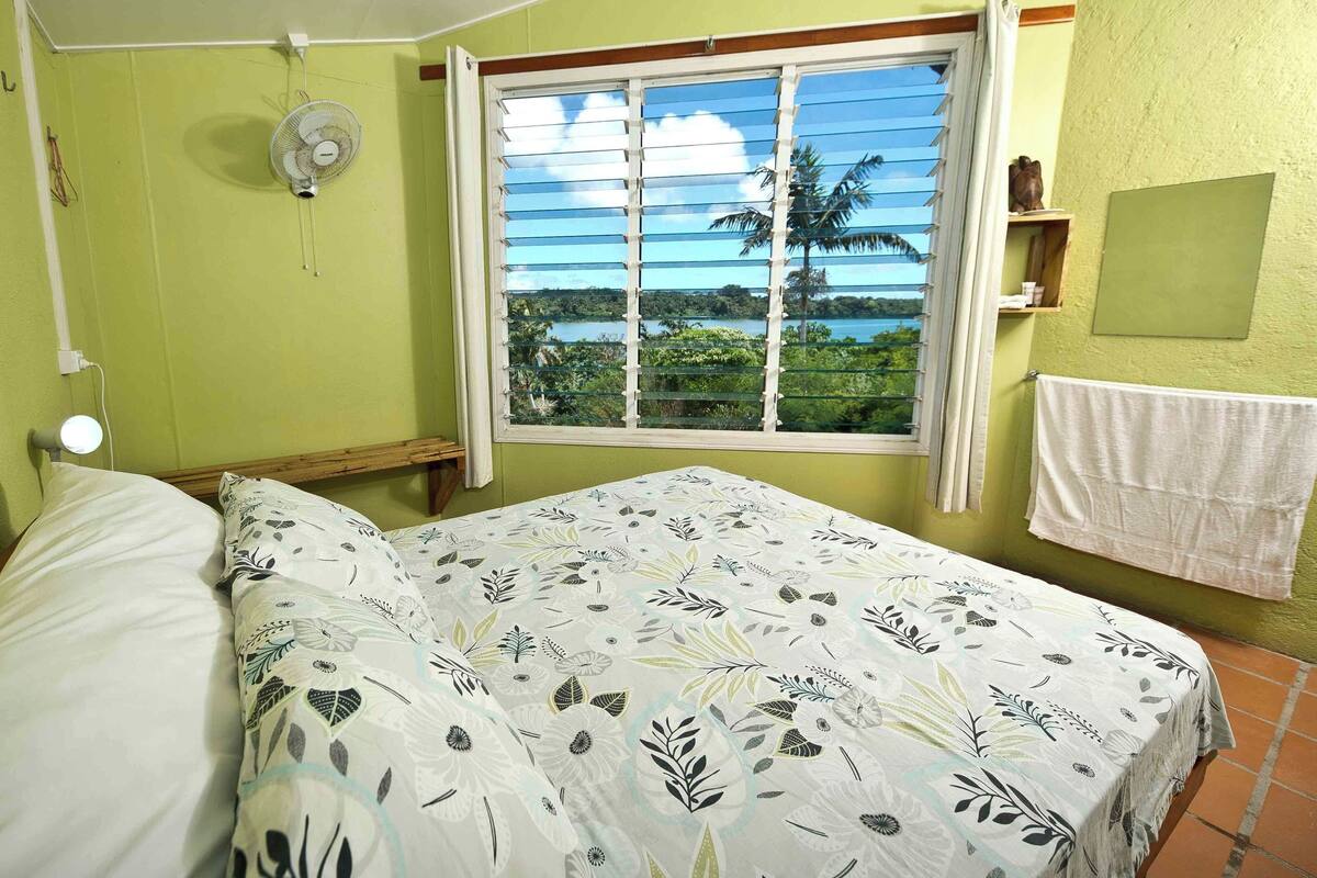 A bedroom with a bed, a window with a view of palm trees, a fan, and a towel hanging on the wall.