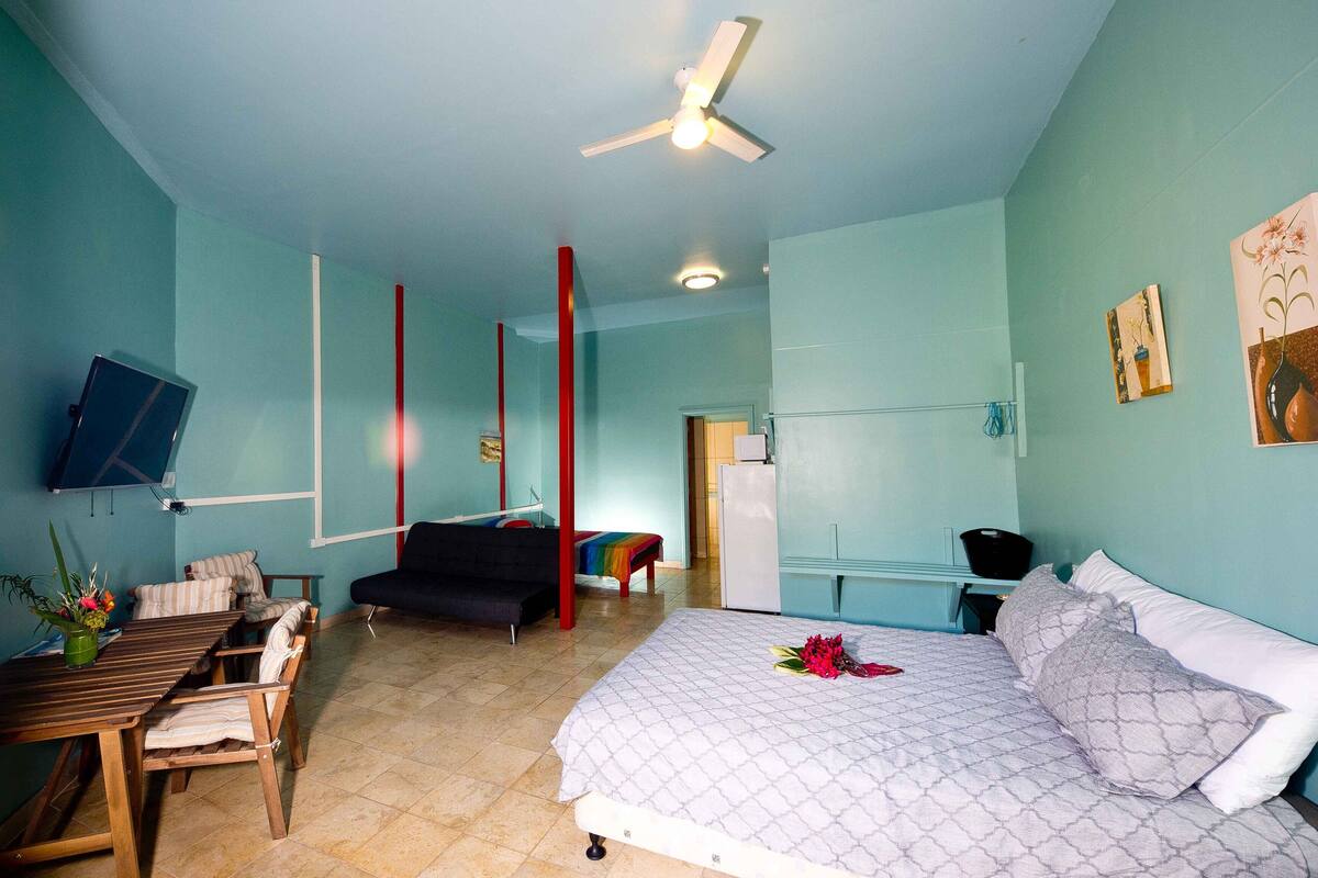 A bedroom with a bed, a desk, a chair, a TV, and a ceiling fan.