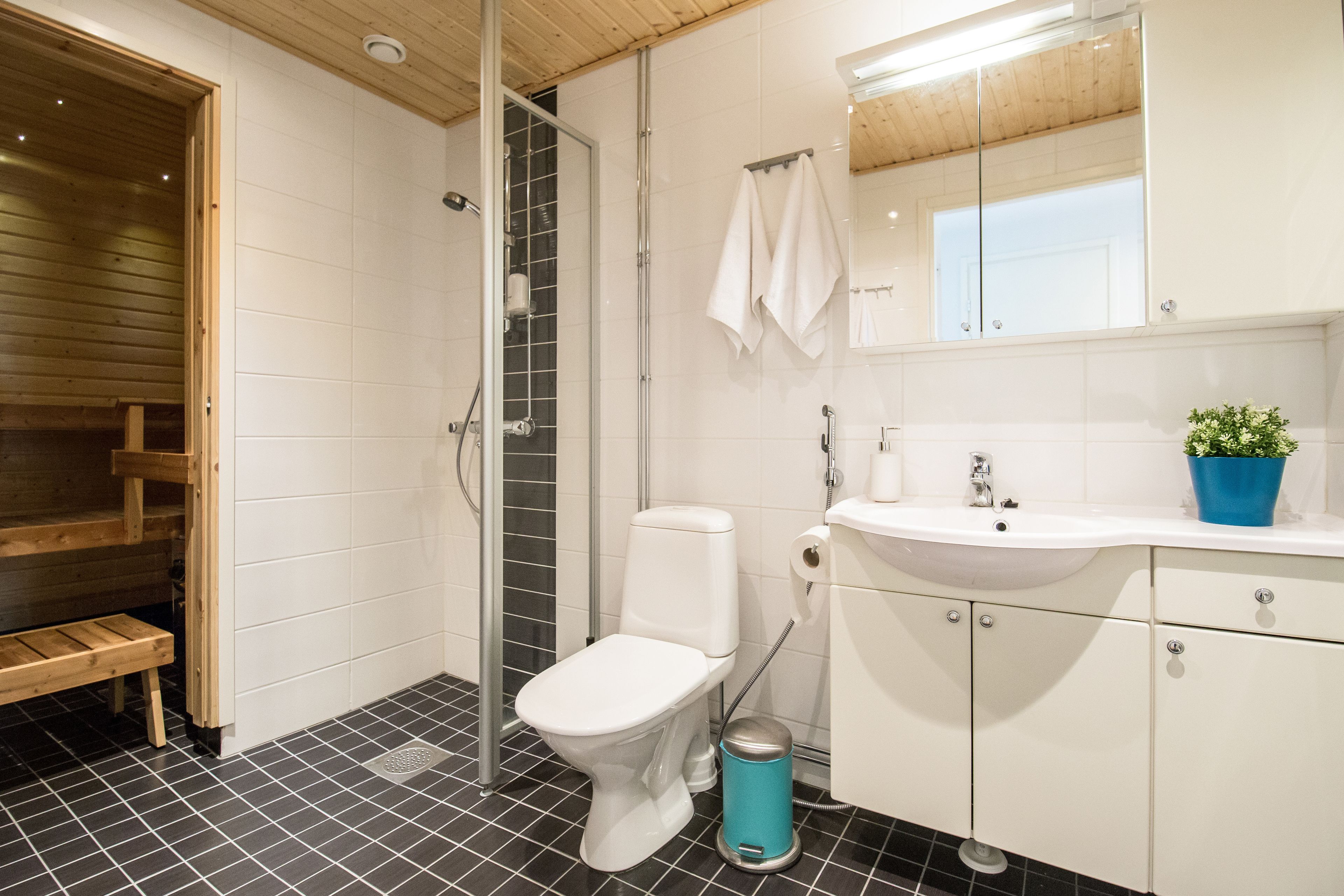 A modern bathroom with a white toilet, a sink, and a mirror. There is a wooden bench and a potted plant on the counter.