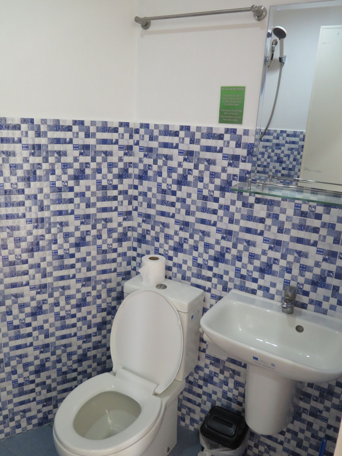 Une salle de bain avec un mur recouvert de carreaux bleus et blancs formant un motif à carreaux, des toilettes, un lavabo et une douche.