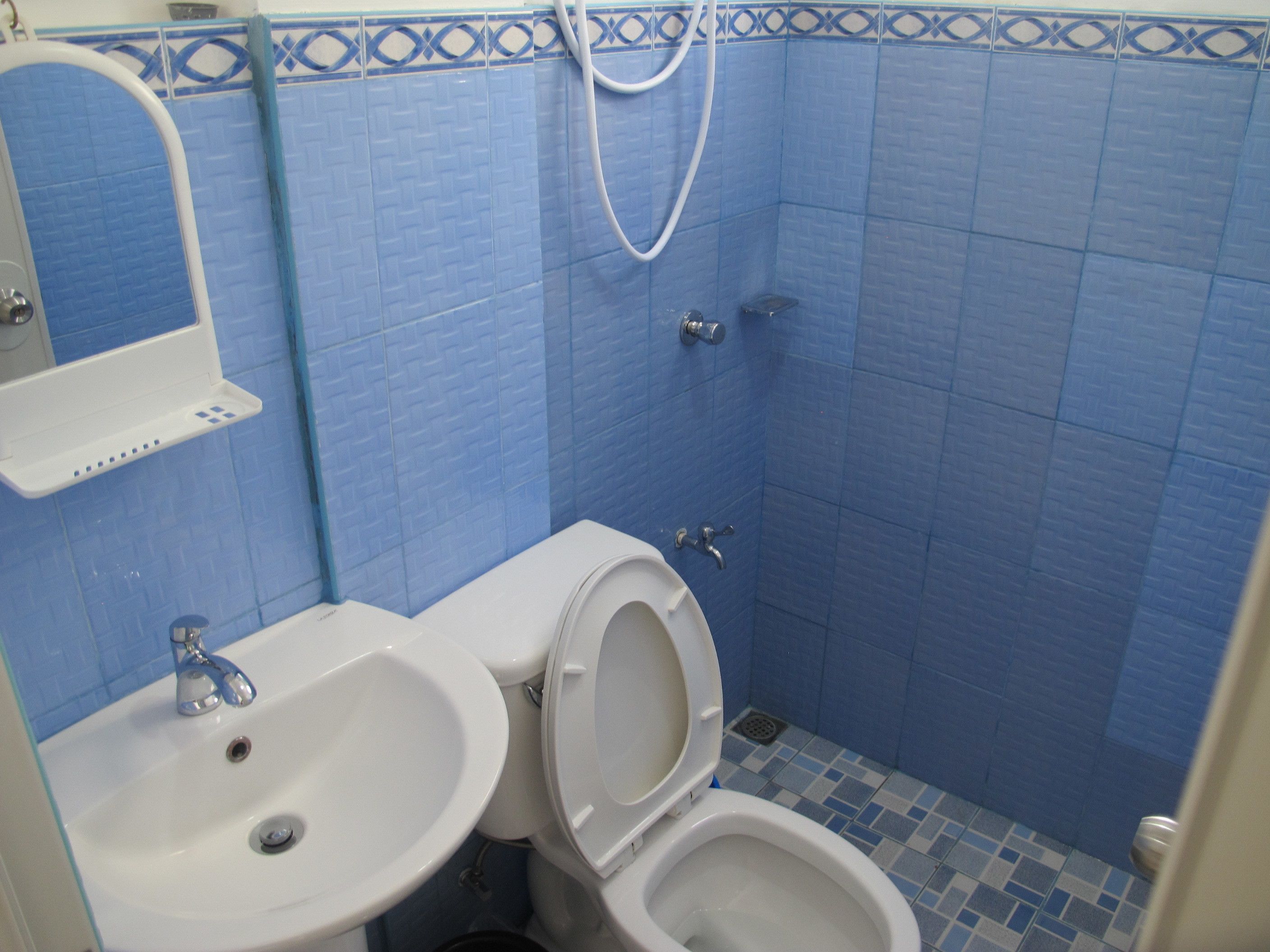 Une salle de bain avec des murs recouverts de carreaux bleus, un lavabo blanc et des toilettes.