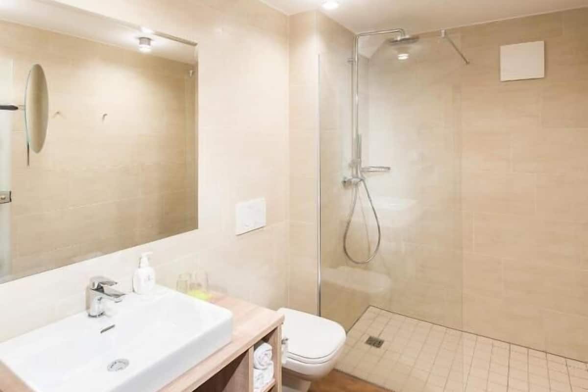 shower, rainfall showerhead, free toiletries, hair dryer