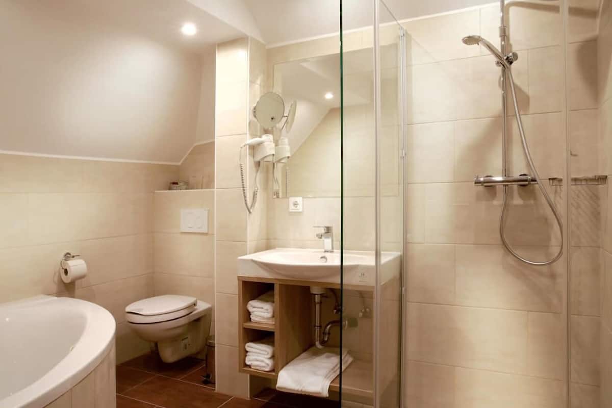 shower, rainfall showerhead, free toiletries, hair dryer