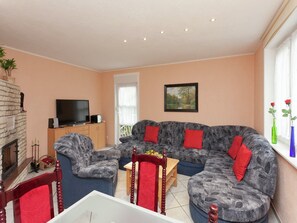 Télévision, cheminée, lecteur de DVD, chaîne hi-fi