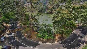 A road curving around a lake with trees and buildings in the background.