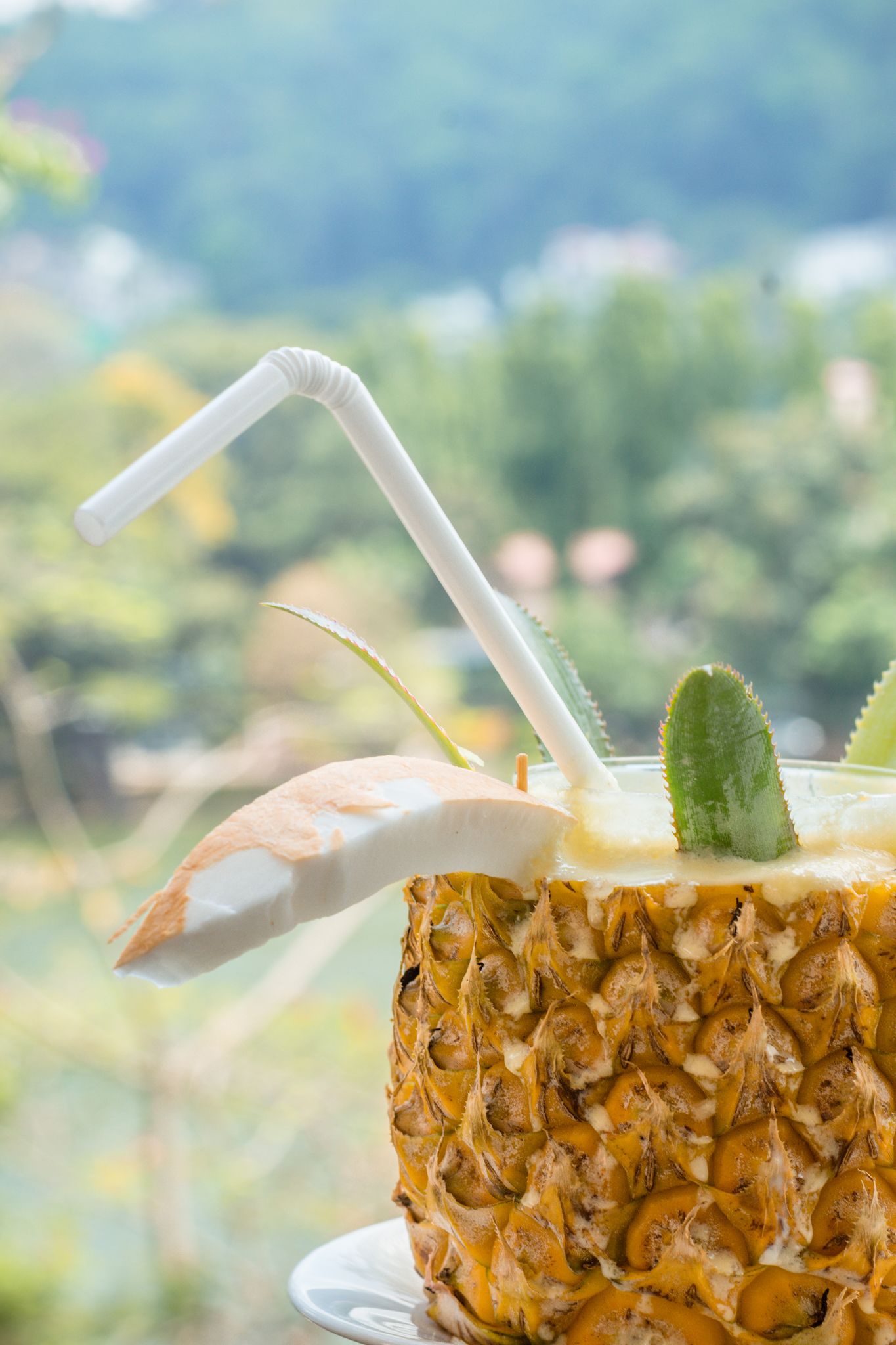 Een ananas met rietje en een blad erop, op een wit bord geplaatst.