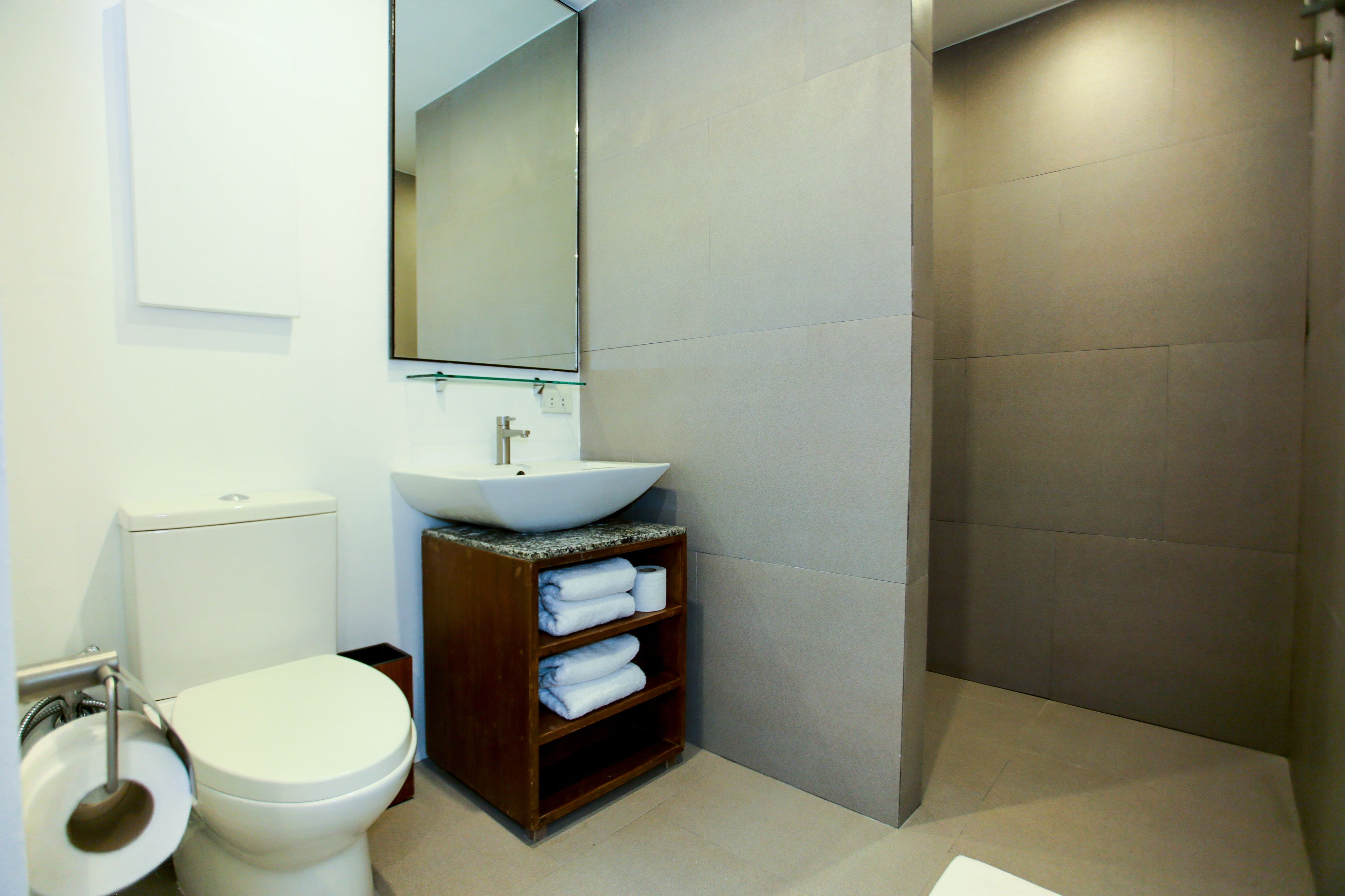 suite room  | bathroom | shower, hair dryer, towels