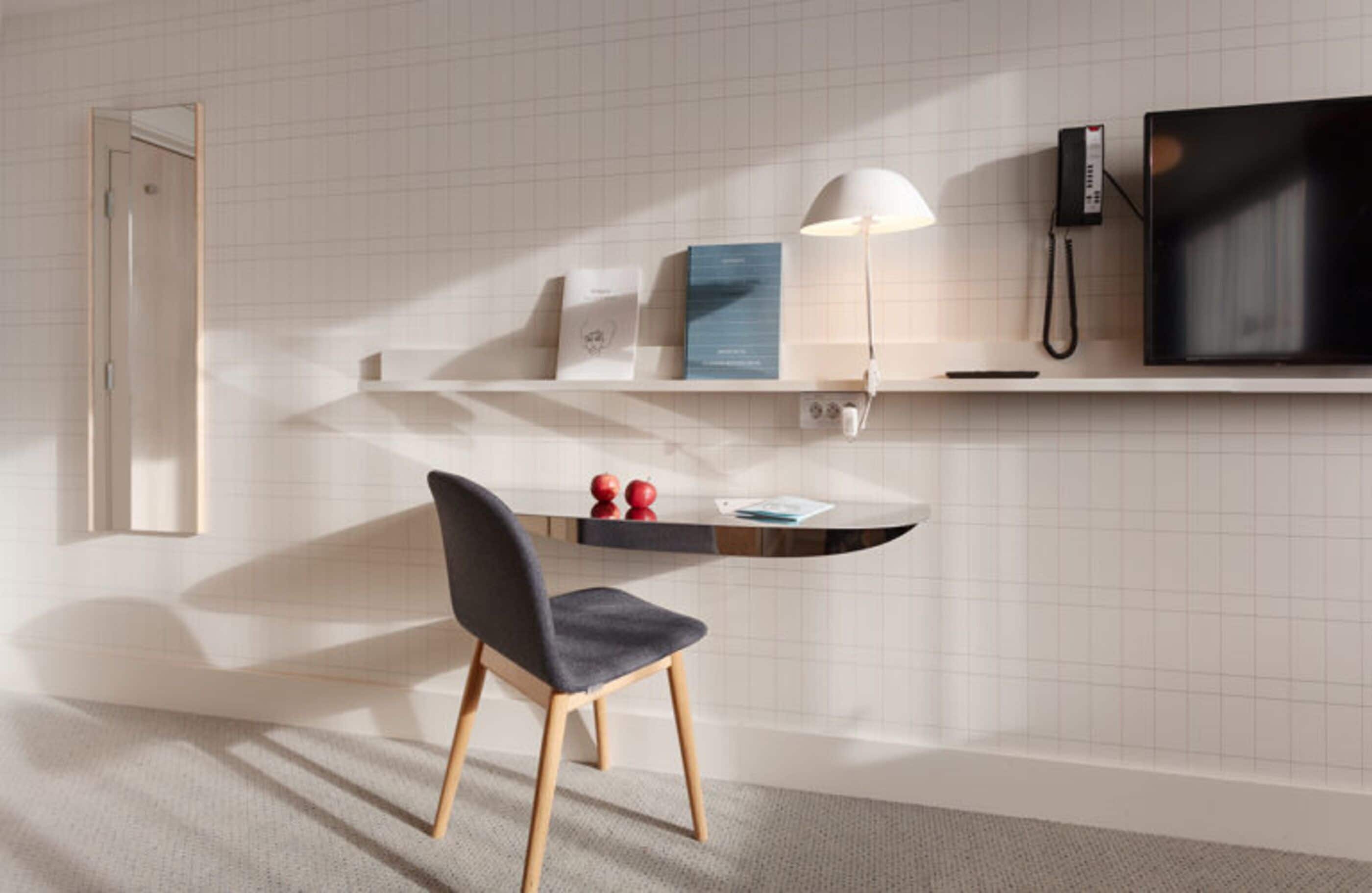 pillow-top beds, desk, laptop workspace, soundproofing