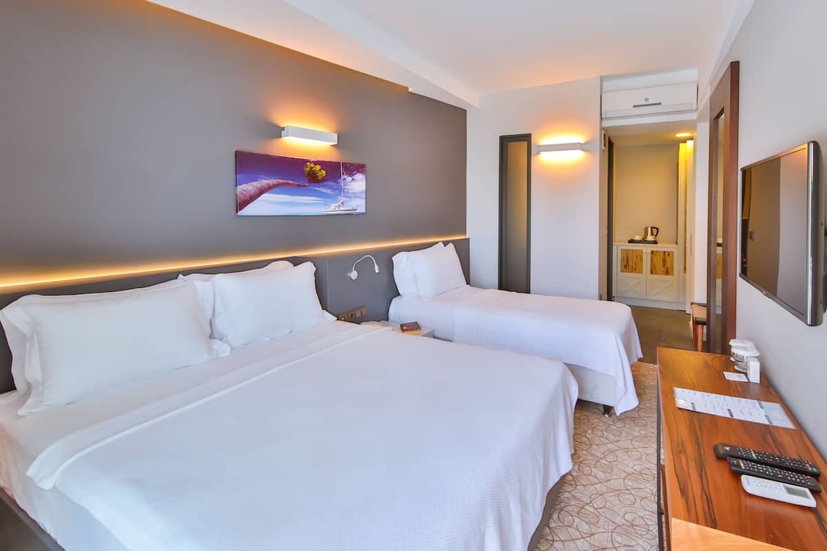Standaard driepersoonskamer | Een kluis op de kamer, een bureau, gratis babybedden, gratis wifi
