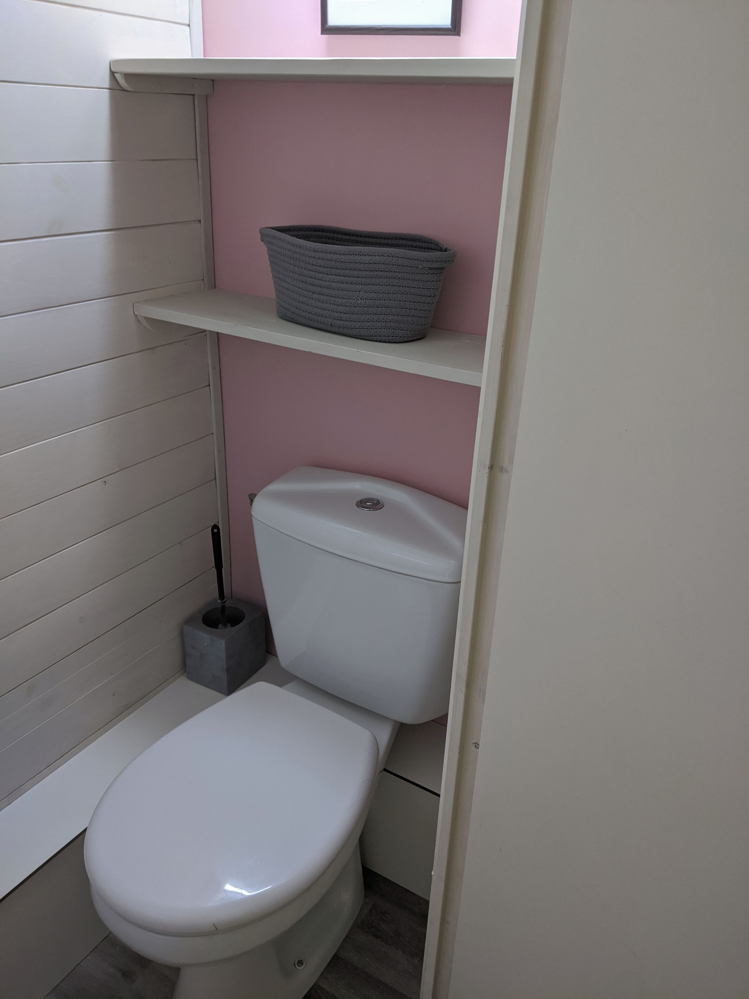 Un bagno piccolo con il water bianco, un cesto grigio su uno scaffale e una pompa per il water a pavimento.