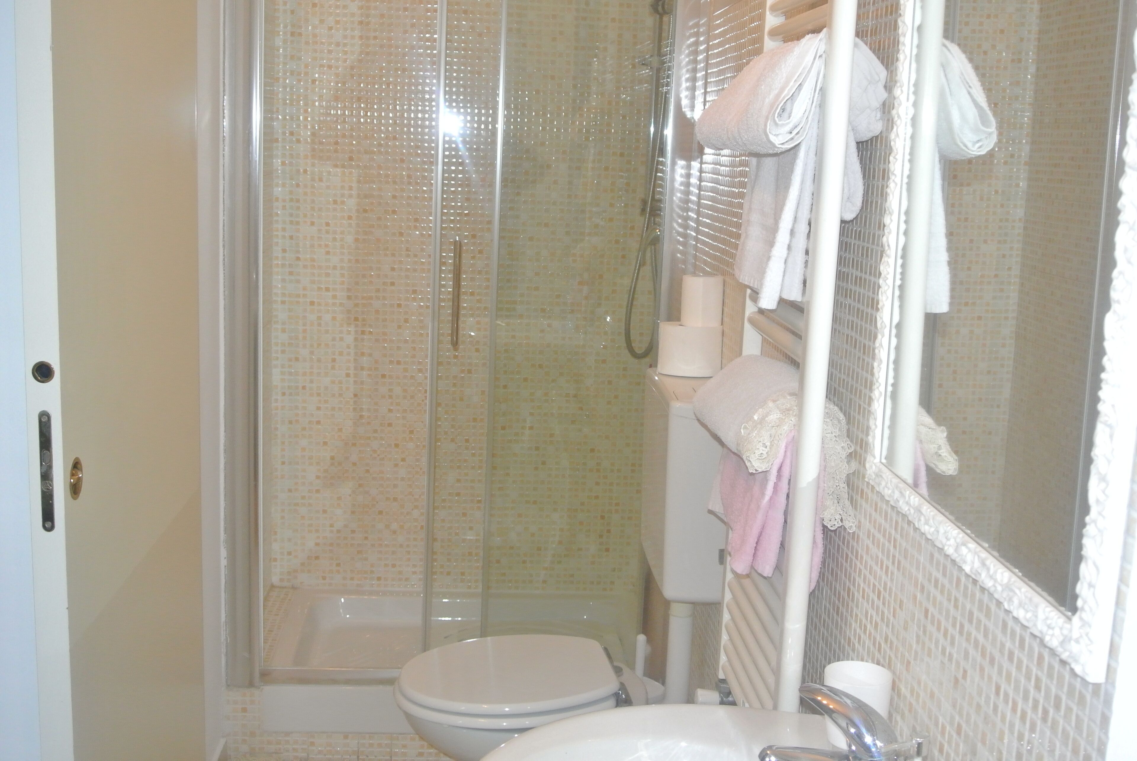 A bathroom with a glass-enclosed shower, a toilet, and a sink.