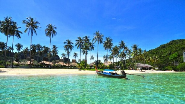 Une plage avec une eau turquoise et limpide, des palmiers et un bateau.