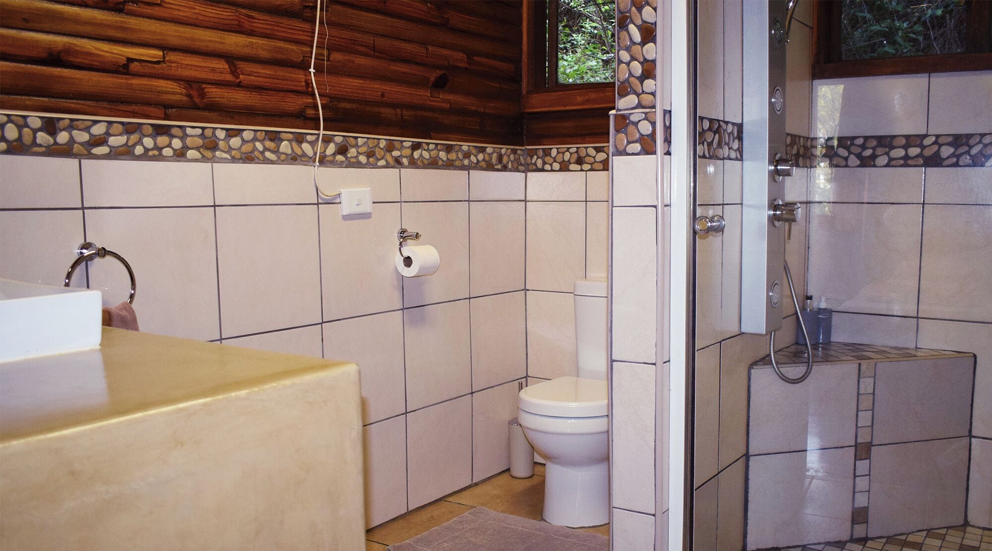 Un baño con techo de madera, inodoro, lavamanos y zona de ducha.