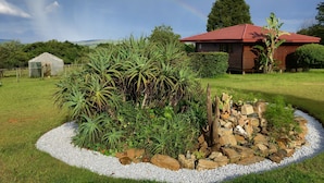Un jardin où l’on trouve une grande variété de plantes, un petit abri de jardin et une structure en bois surmontée d’un toit rouge.