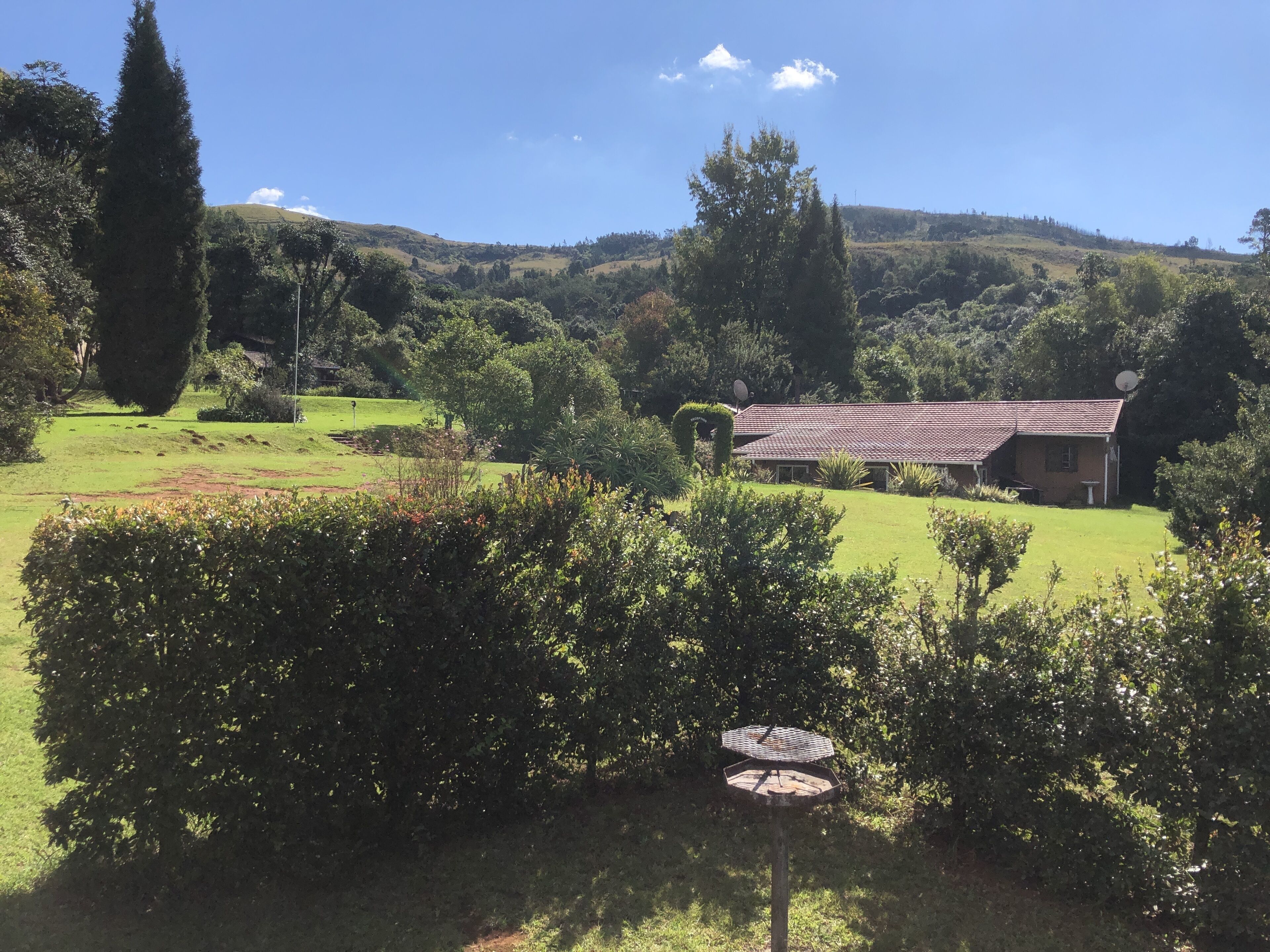 A house with a tiled roof, surrounded by lush greenery and a clear blue sky.