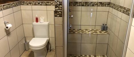 A bathroom with a toilet, a shower, and a sink.