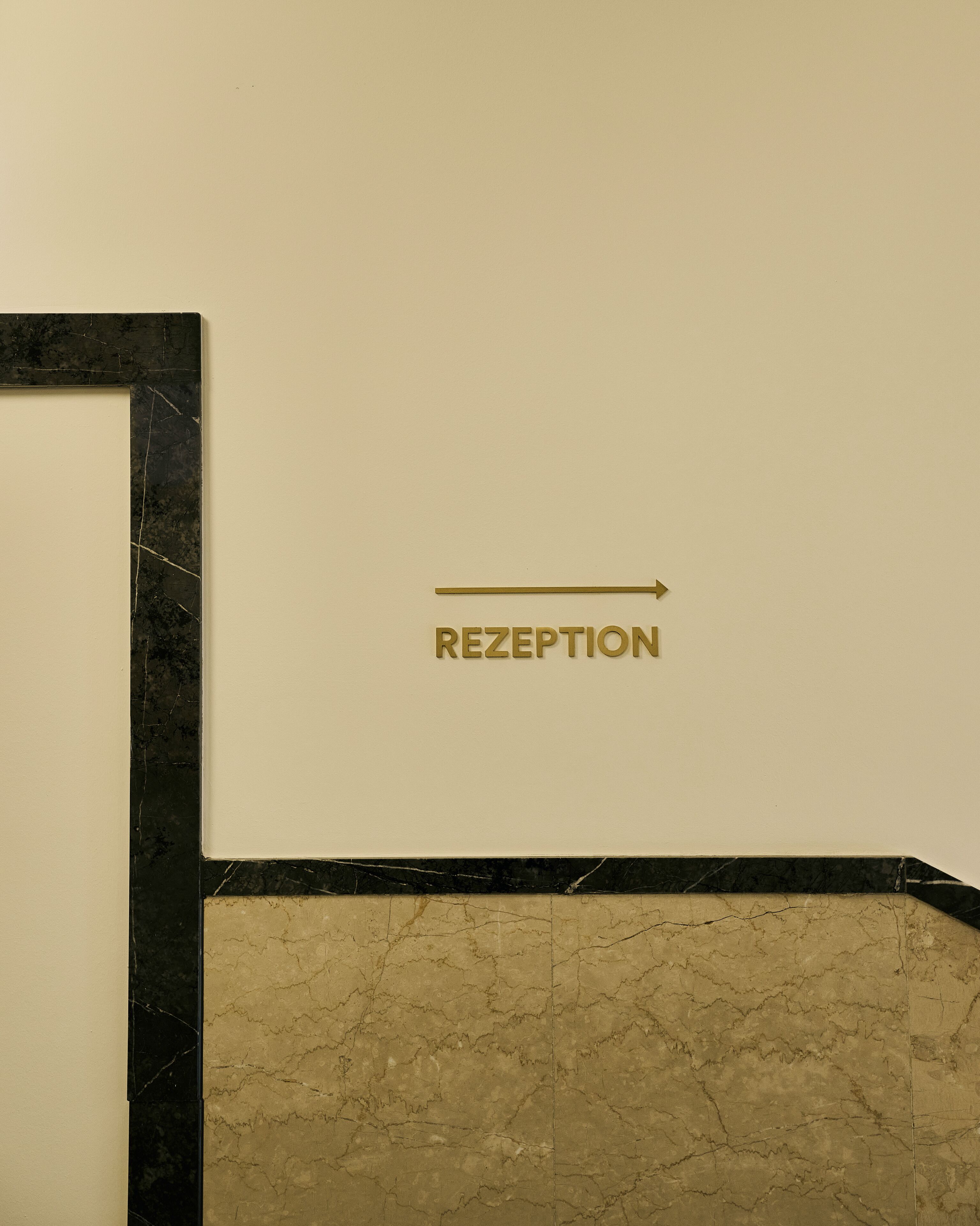 Un espace d’accueil avec un mur en marbre et un cadre noir.