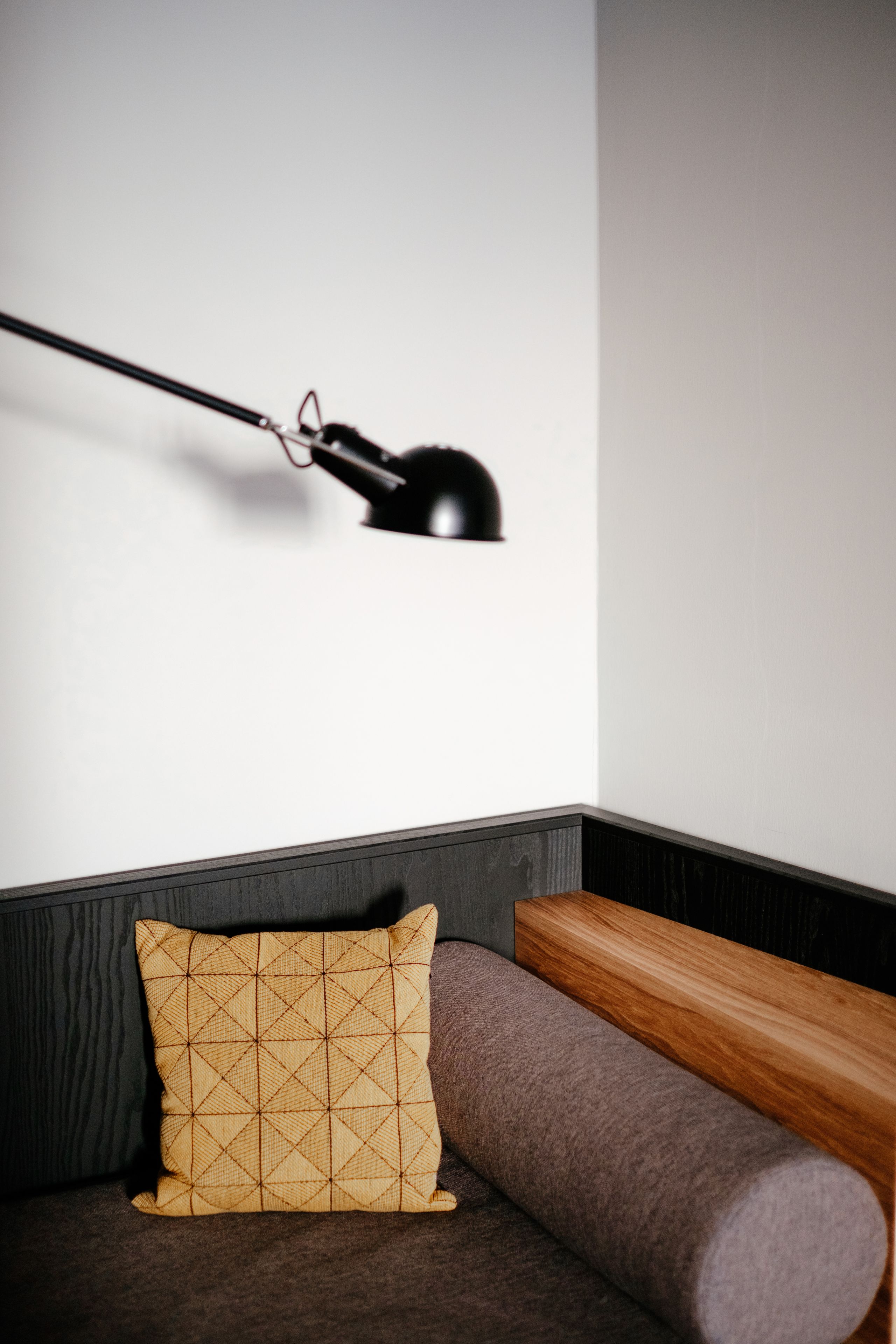 A corner of a room with a dark brown sofa, a patterned cushion, and a black floor lamp.