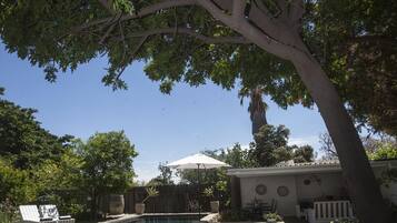 A backyard with a swimming pool, a covered patio, and a large tree providing shade.