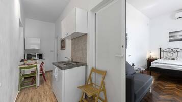 Una camera spaziosa con angolo cottura, un letto e una piccola zona relax.