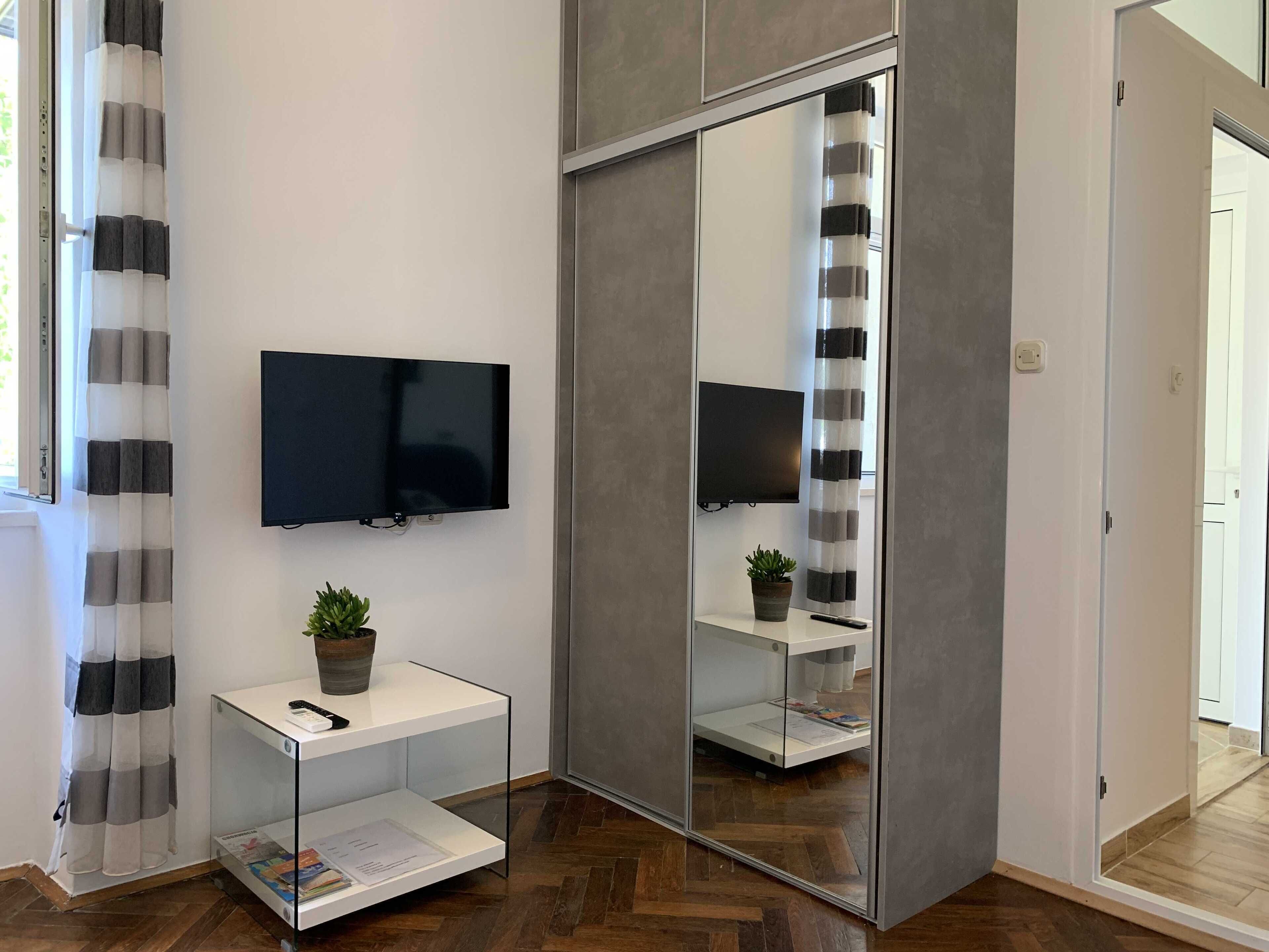 Habitación moderna con un espejo grande, televisor de pantalla plana, estante de vidrio con una planta y suelo de madera en diseño espiga.