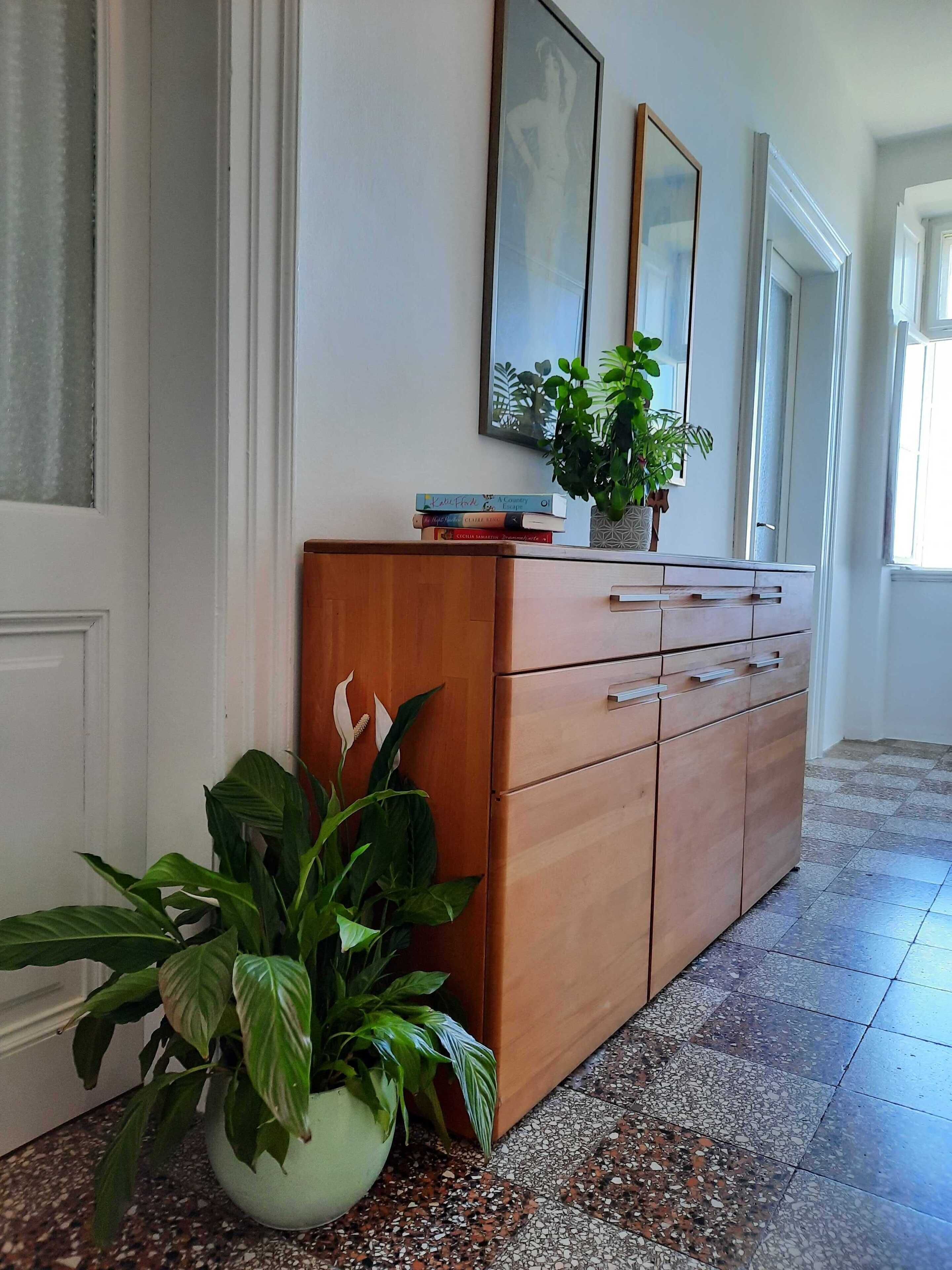 A wooden dresser with a plant beside it, a framed picture on the wall, and a tiled floor.